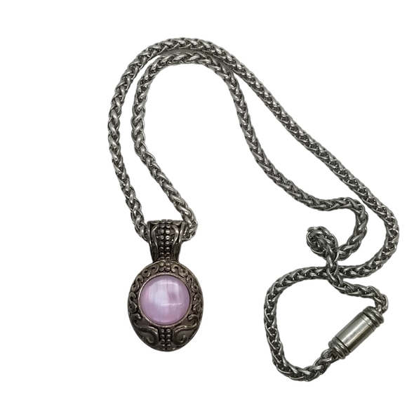 ORNATE SILVERTONED WHEAT CHAIN & PENDANT NECKLACE WITH PINK MOONGLOW CABACHON - Picture 1 of 6